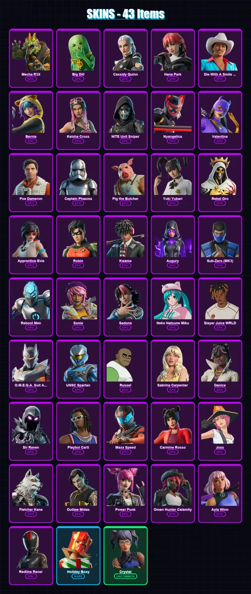 [PC/PSN] | Mecha R3X | Big Dill | Cassidy Quinn | Hana Park | Die With A Smile Bruno | 43 skin | 47 pickaxe | 37 emote | 30 glider | Lv320