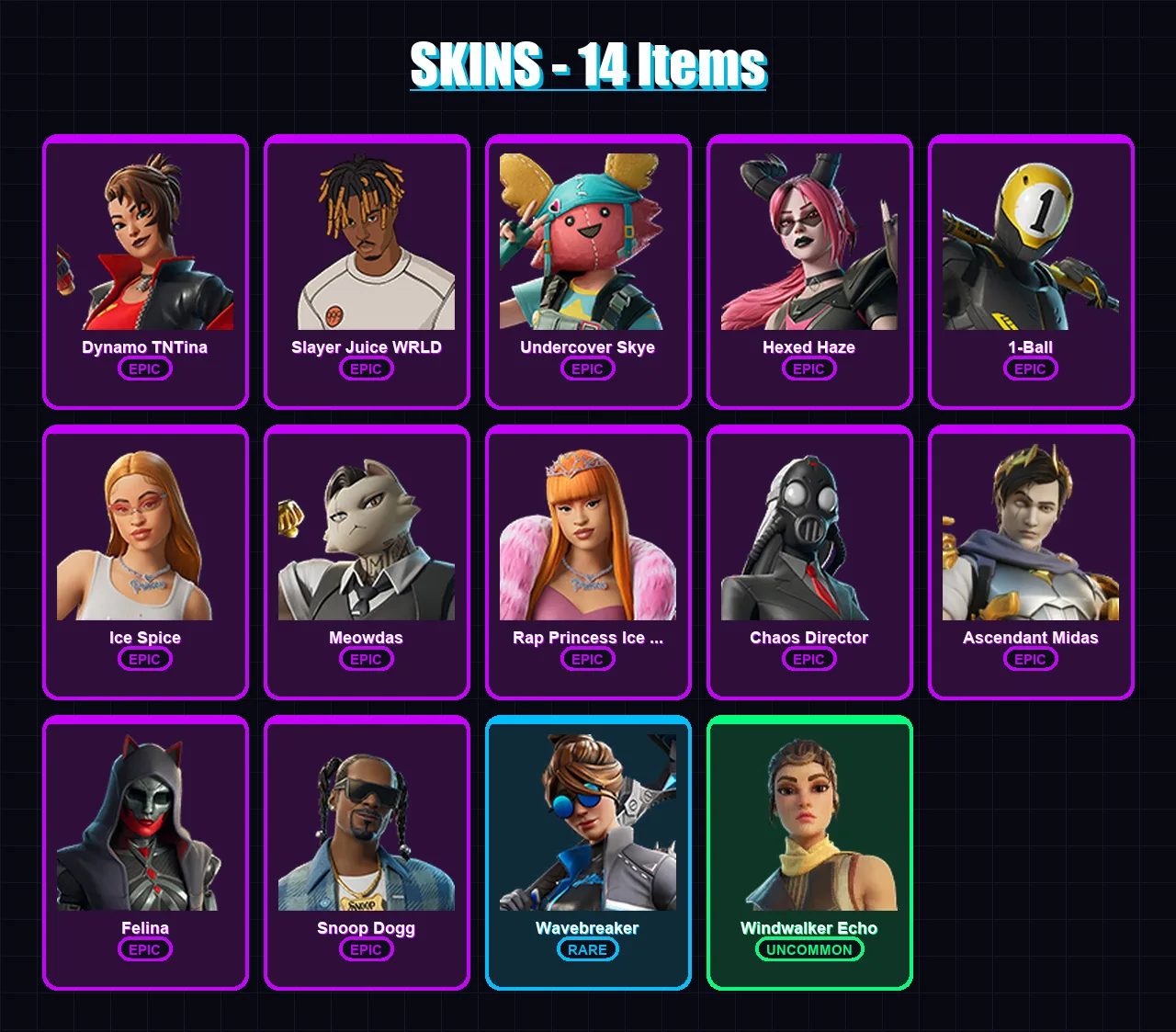 [PC/PSN] | Dynamo TNTina | Slayer Juice WRLD | Undercover Skye | Hexed Haze | 1-Ball | 14 skin | 29 pickaxe | 16 emote | 18 glider | Lv438 — Fortnite account