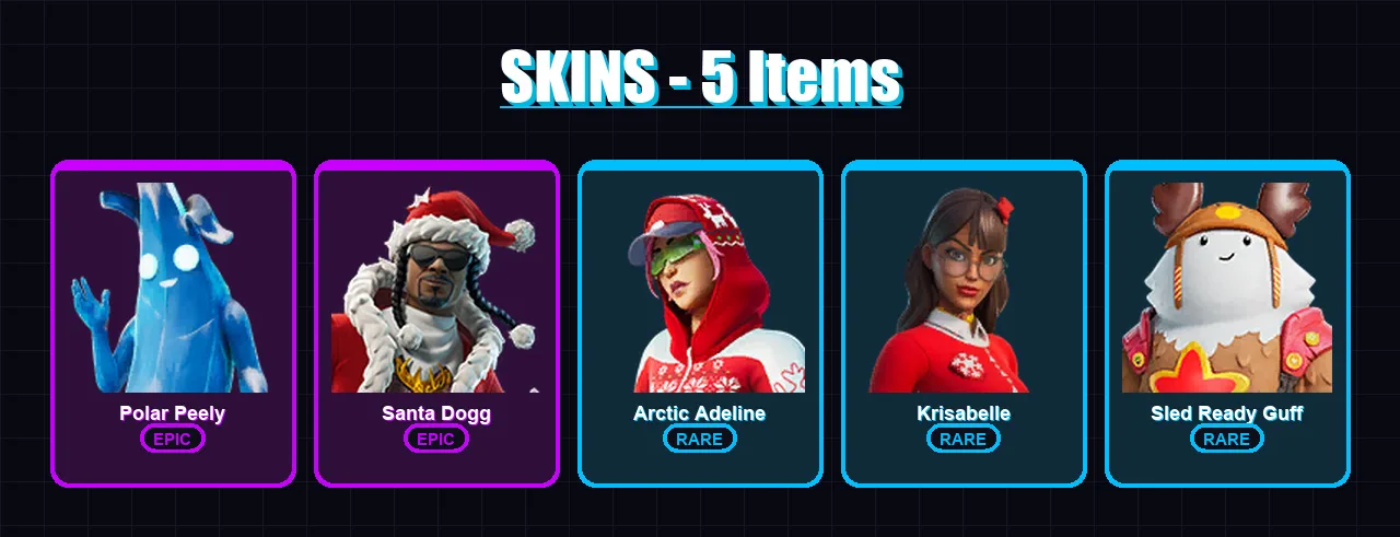 [PC/XBOX] | Polar Peely | Santa Dogg | Arctic Adeline | Krisabelle | Sled Ready Guff | 5 skin | 31 pickaxe | 18 emote | 24 glider | Lv221