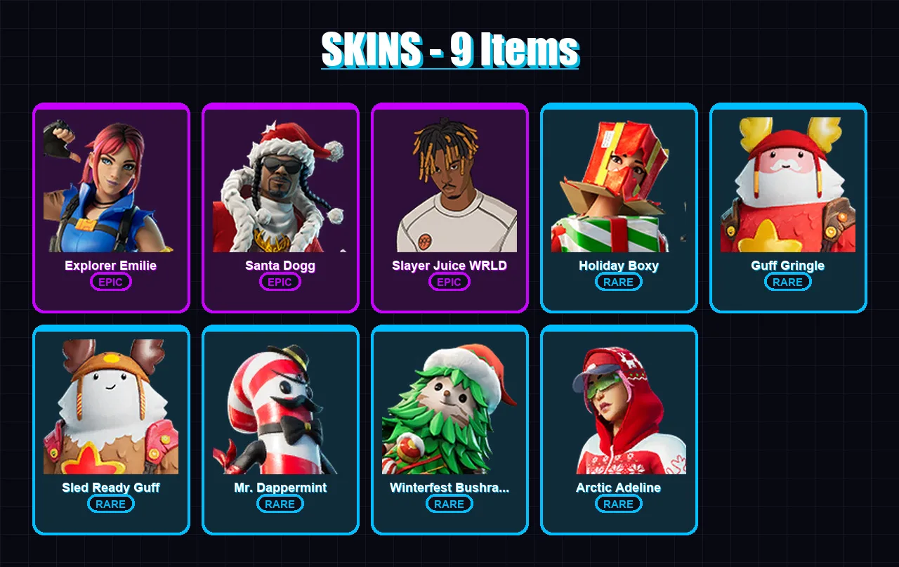 [PC/XBOX/PSN] | Explorer Emilie | Santa Dogg | Slayer Juice WRLD | Holiday Boxy | Guff Gringle | 9 skin | 17 pickaxe | 11 emote | 15 glider | Lv142