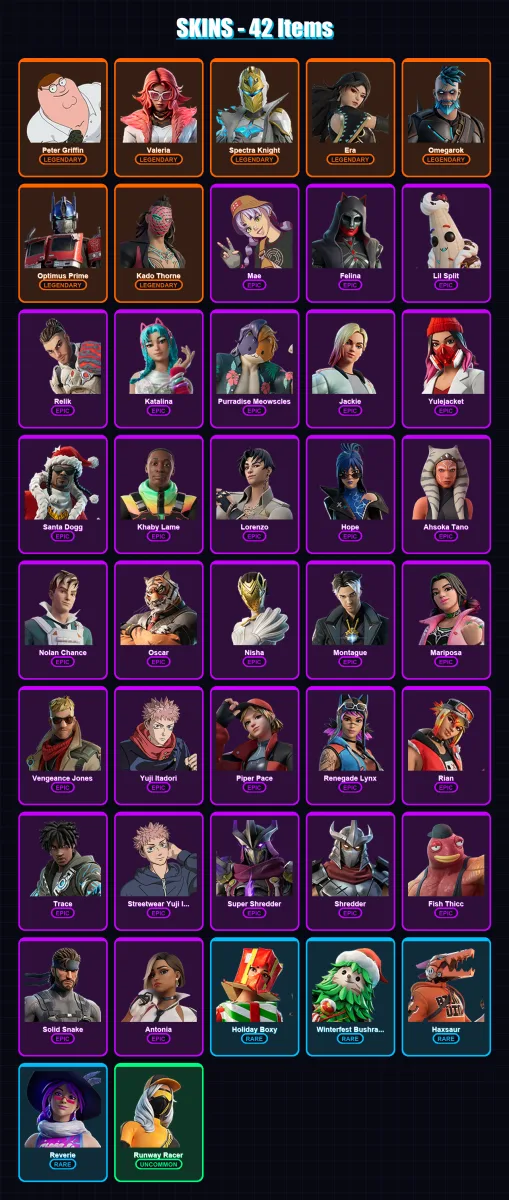 [SWITCH/XBOX/PSN/PC] | Peter Griffin | Valeria | Spectra Knight | Era | Omegarok | 42 skin | 59 pickaxe | 46 emote | 38 glider | Lv571 — Fortnite account