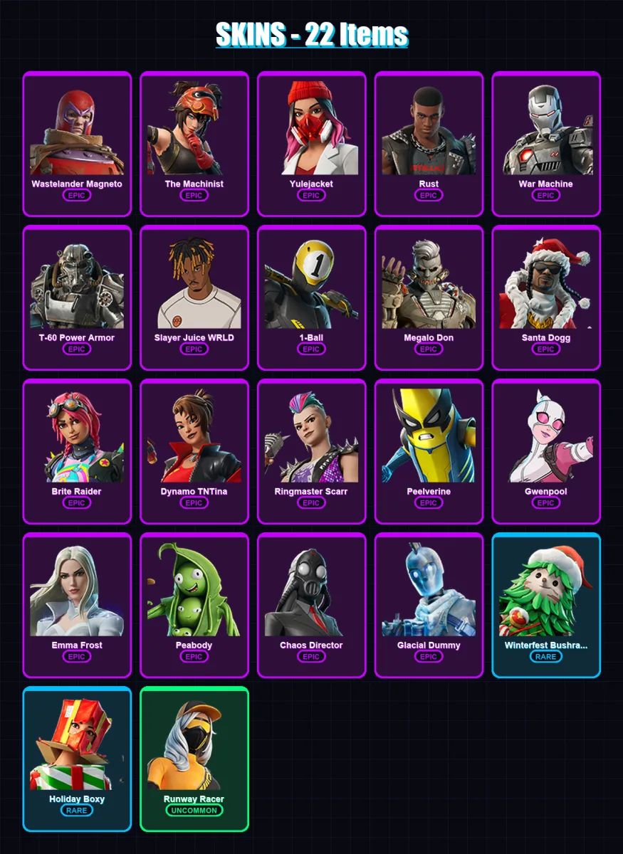 [PS4/PS5/XBOX/PC] | Wastelander Magneto | The Machinist | Yulejacket | Rust | War Machine | 22 skin | 57 pickaxe | 26 emote | 49 glider | Lv781 — Fortnite account