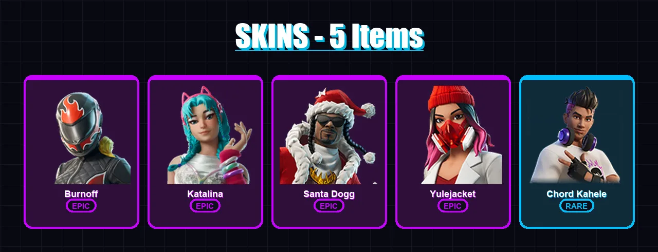 [PC/XBOX/PSN] | Burnoff | Katalina | Santa Dogg | Yulejacket | Chord Kahele | 5 skin | 14 pickaxe | 7 emote | 7 glider | Lv66