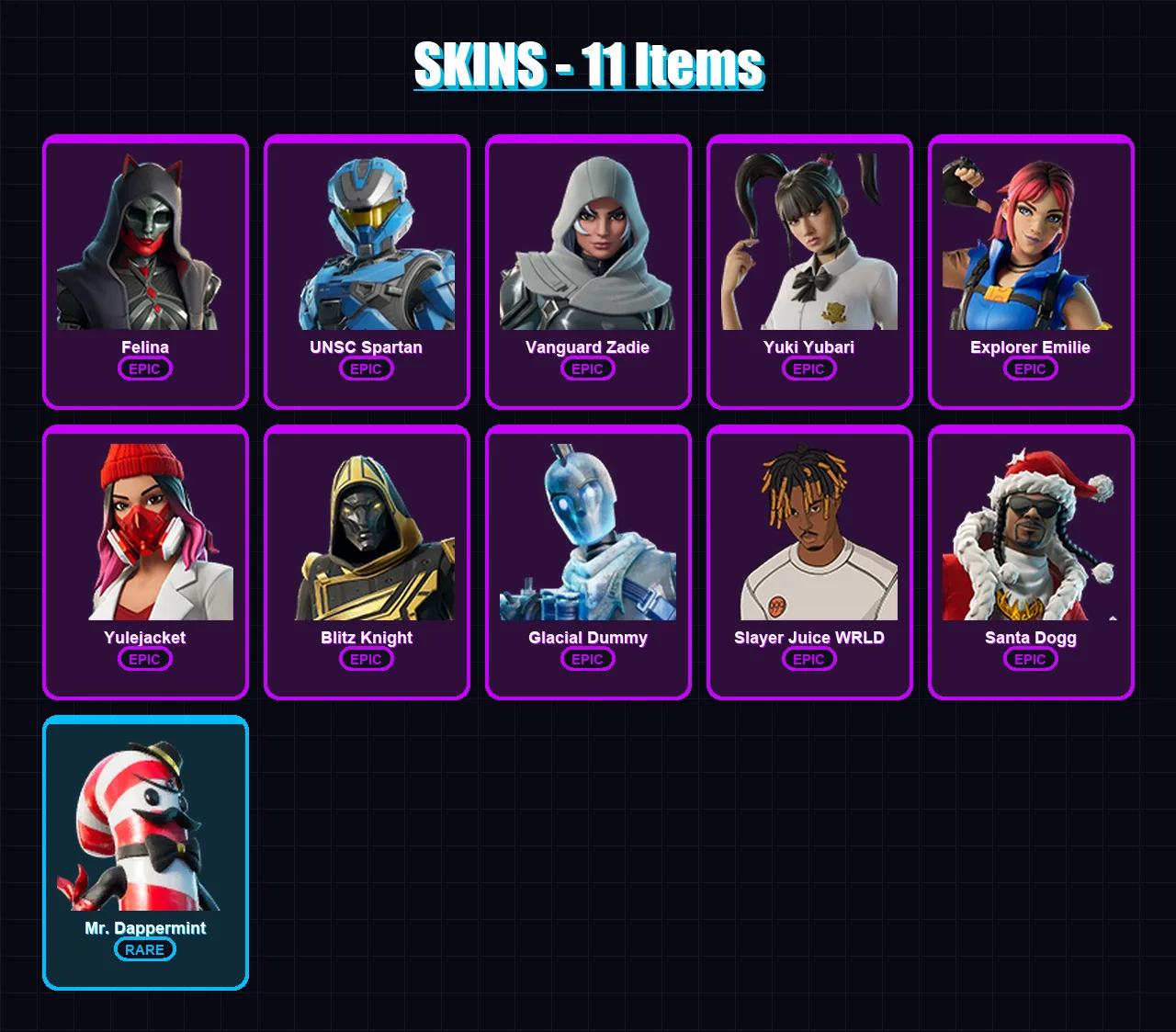 [SWITCH/XBOX/PSN/PC] | Felina | UNSC Spartan | Vanguard Zadie | Yuki Yubari | Explorer Emilie | 11 skin | 88 pickaxe | 35 emote | 55 glider | Lv1713