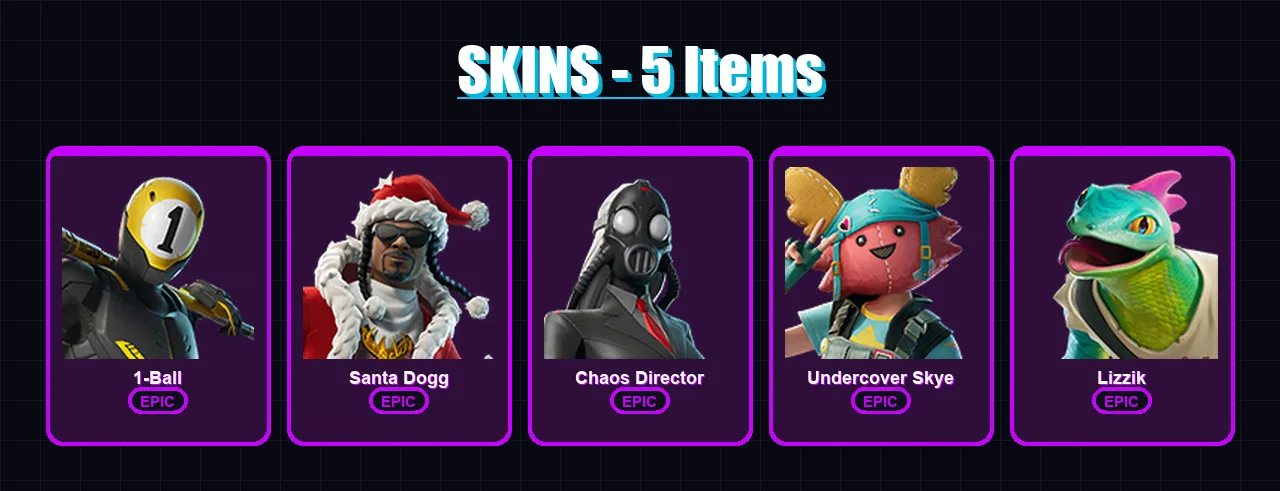 [PC/XBOX] | 1-Ball | Santa Dogg | Chaos Director | Undercover Skye | Lizzik | 5 skin | 15 pickaxe | 7 emote | 6 glider | Lv54