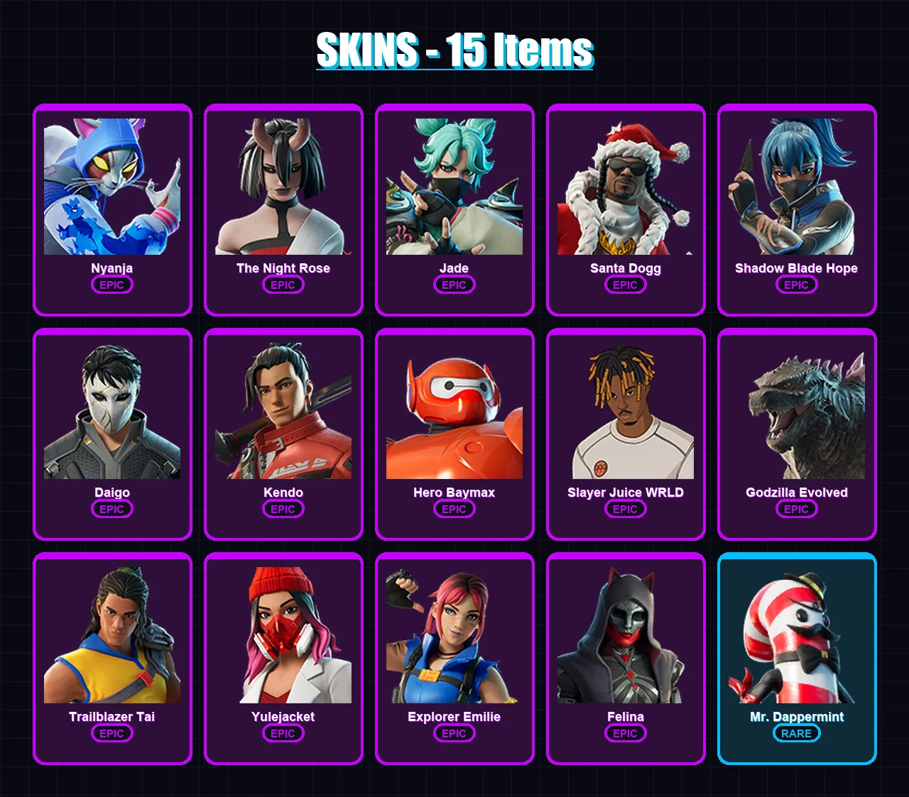 [PC/XBOX/PSN] | Nyanja | The Night Rose | Jade | Santa Dogg | Shadow Blade Hope | 15 skin | 45 pickaxe | 27 emote | 32 glider | Lv1217