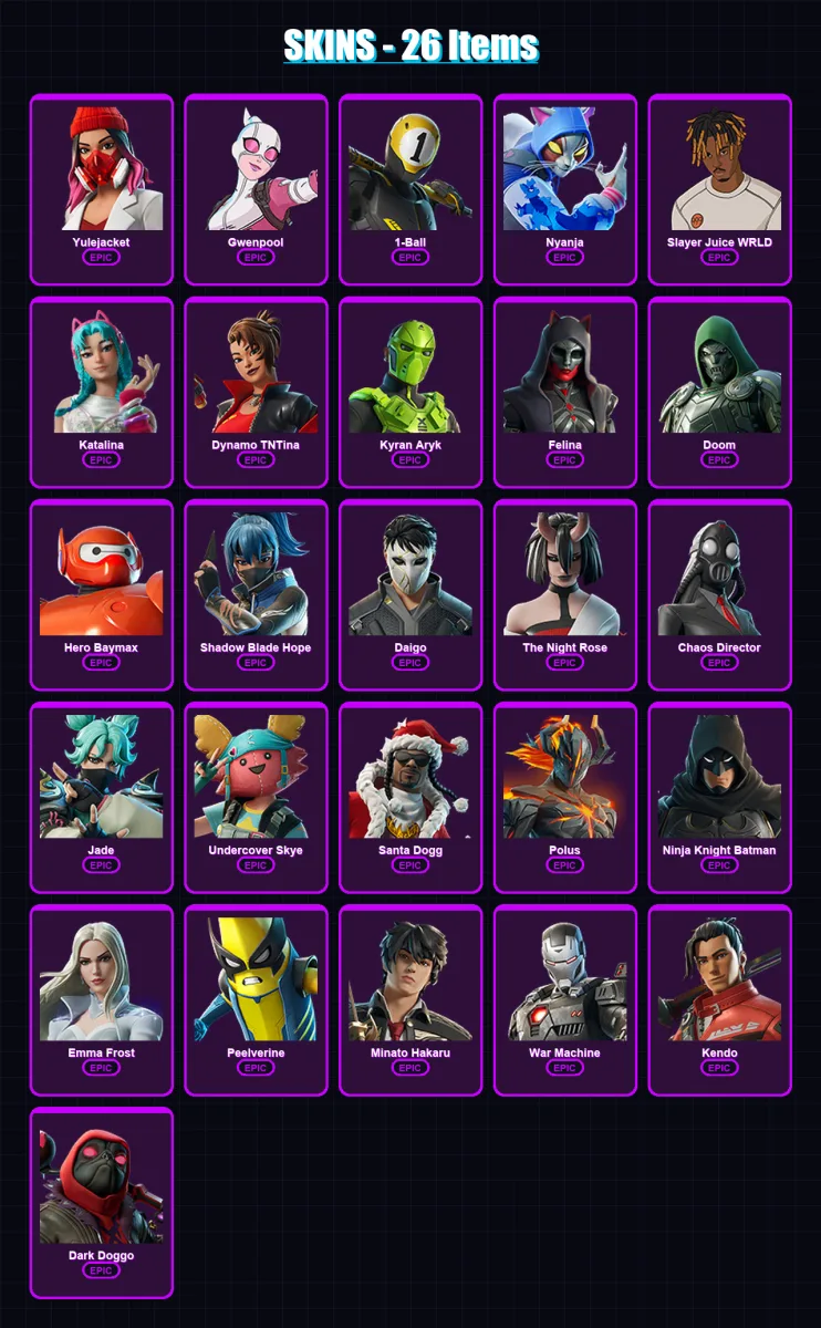 [PS4/PS5/XBOX/PC] | Yulejacket | Gwenpool | 1-Ball | Nyanja | Slayer Juice WRLD | 26 skin | 44 pickaxe | 20 emote | 25 glider | Lv264