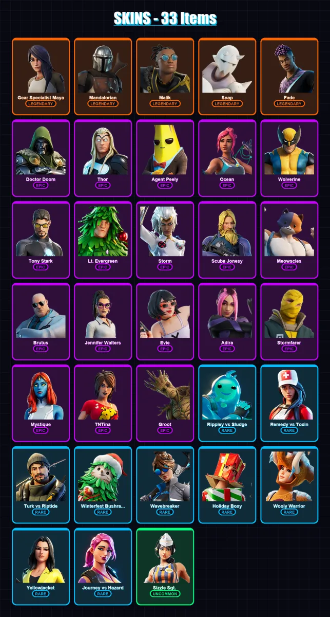 [PC/XBOX/PSN] | Gear Specialist Maya | Mandalorian | Malik | Snap | Fade | 33 skin | 38 pickaxe | 27 emote | 38 glider | Lv483