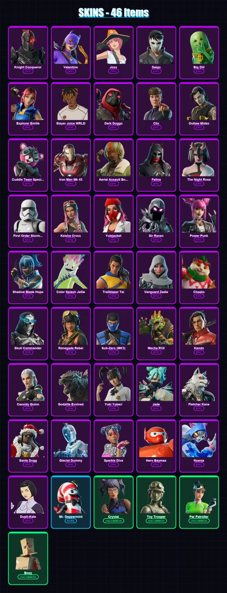 [PS4/PS5/XBOX/PC] | Knight Conqueror | Valentina | Joss | Daigo | Big Dill | 46 skin | 72 pickaxe | 44 emote | 49 glider | Lv926