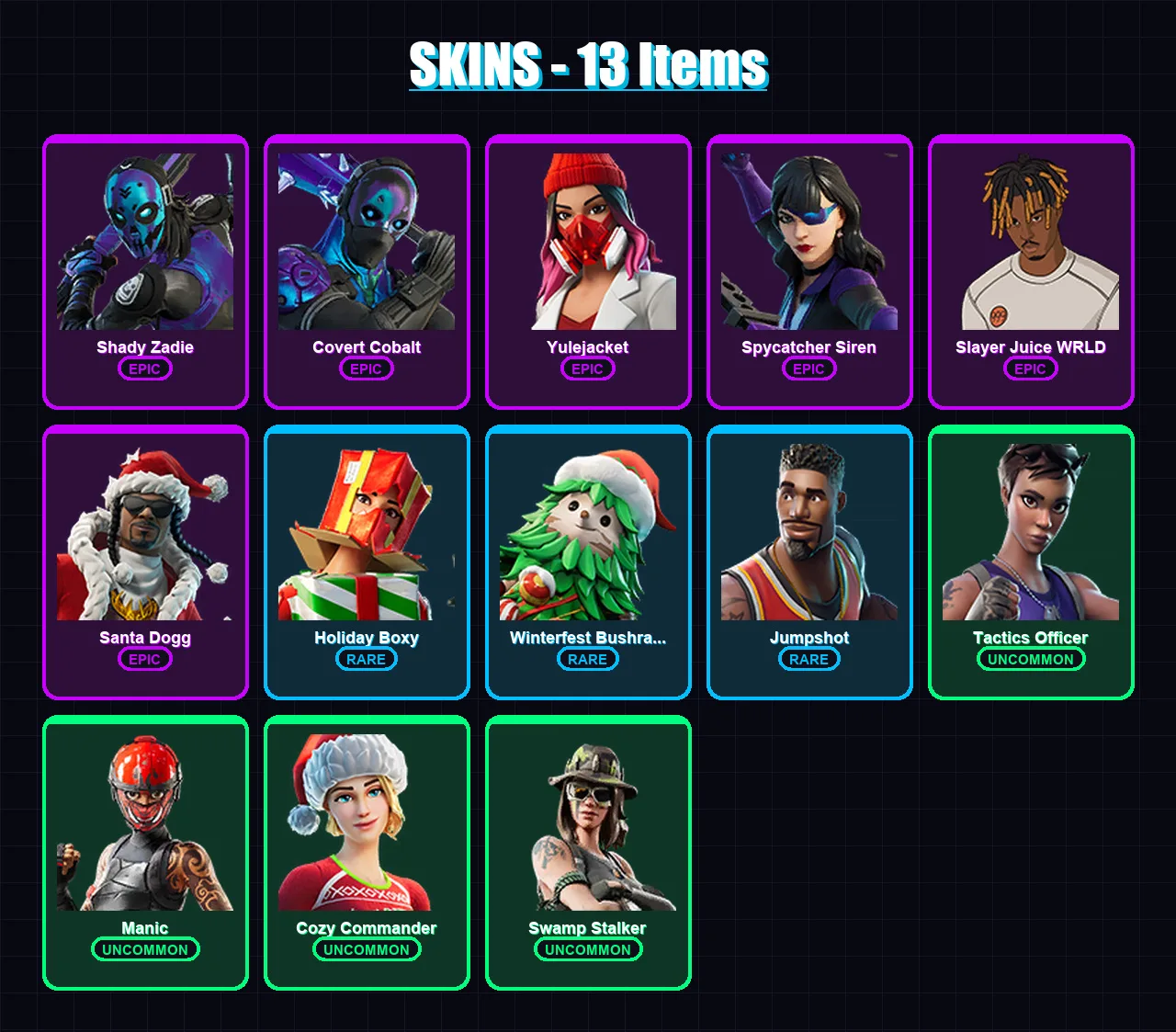 [PC/PSN] | Shady Zadie | Covert Cobalt | Yulejacket | Spycatcher Siren | Slayer Juice WRLD | 13 skin | 42 pickaxe | 15 emote | 23 glider | Lv615