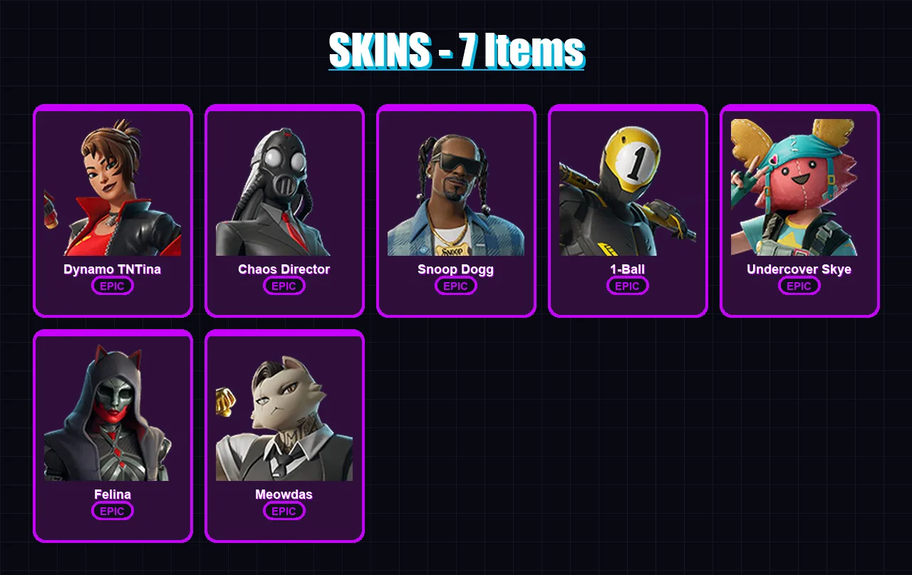 [PS4/PS5/XBOX/PC] | Dynamo TNTina | Chaos Director | Snoop Dogg | 1-Ball | Undercover Skye | 7 skin | 12 pickaxe | 9 emote | 7 glider | Lv80