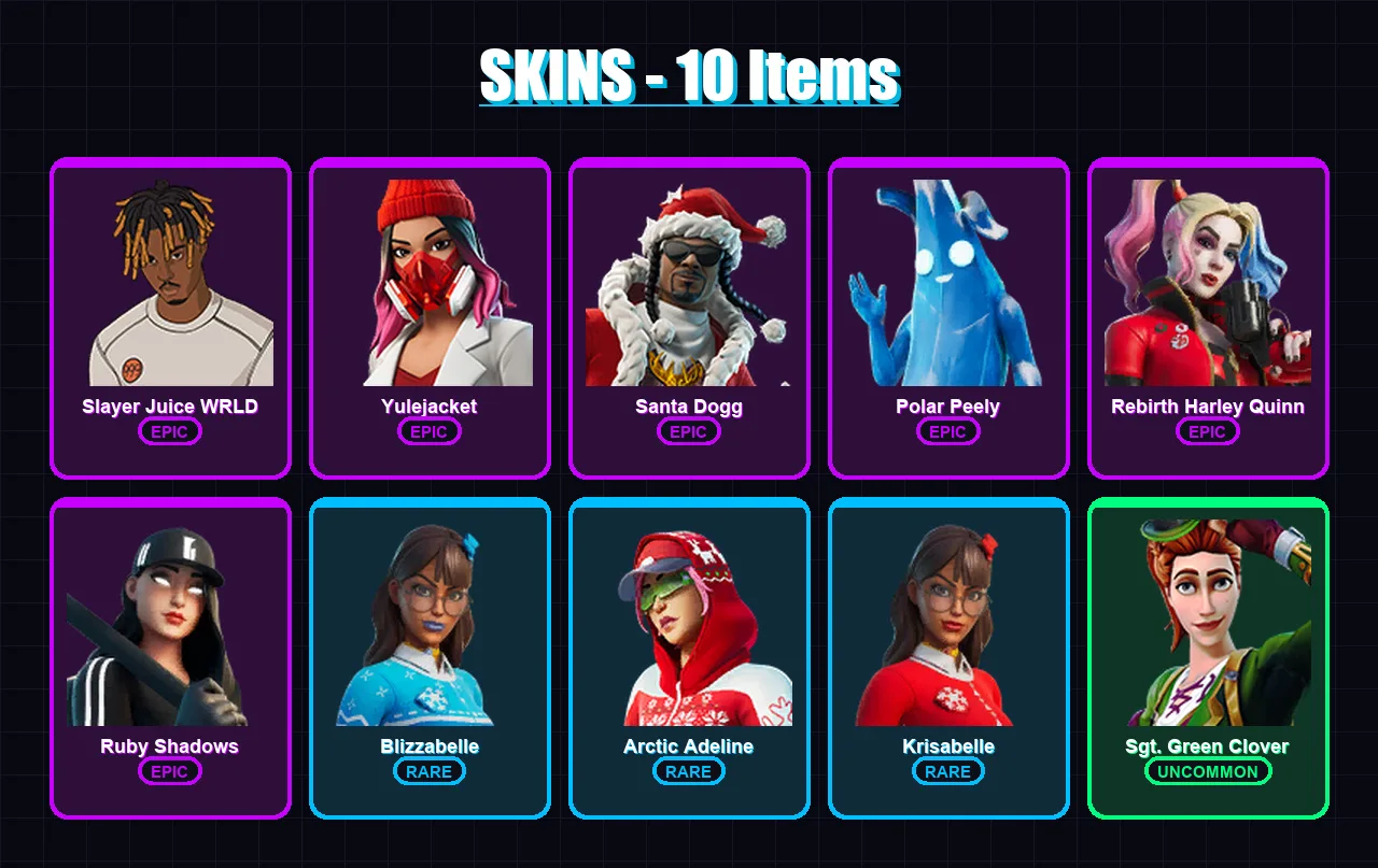 [PC/PSN] | Slayer Juice WRLD | Yulejacket | Santa Dogg | Polar Peely | Rebirth Harley Quinn | 10 skin | 34 pickaxe | 21 emote | 26 glider | Lv336