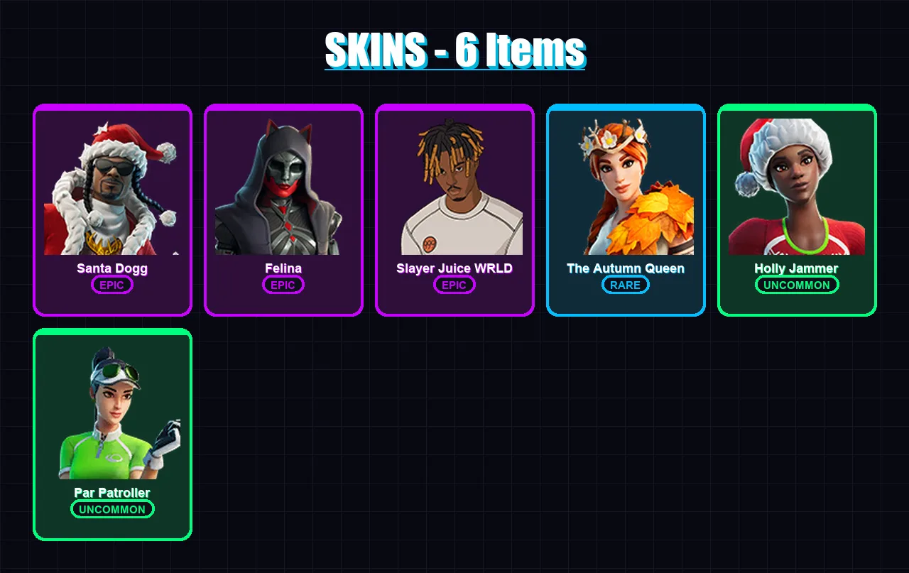 [PC/XBOX/PSN] | Santa Dogg | Felina | Slayer Juice WRLD | The Autumn Queen | Holly Jammer | 6 skin | 36 pickaxe | 16 emote | 23 glider | Lv847