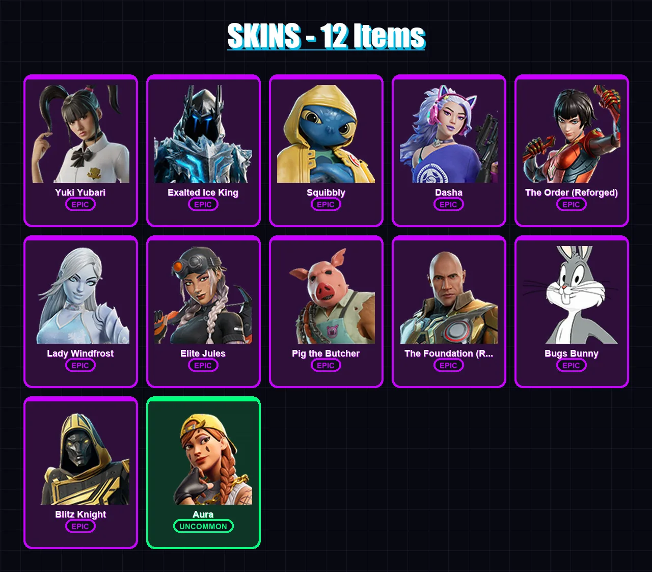 [PS4/PS5/XBOX/PC] | Yuki Yubari | Exalted Ice King | Squibbly | Dasha | The Order (Reforged) | 12 skin | 42 pickaxe | 22 emote | 30 glider | Lv447