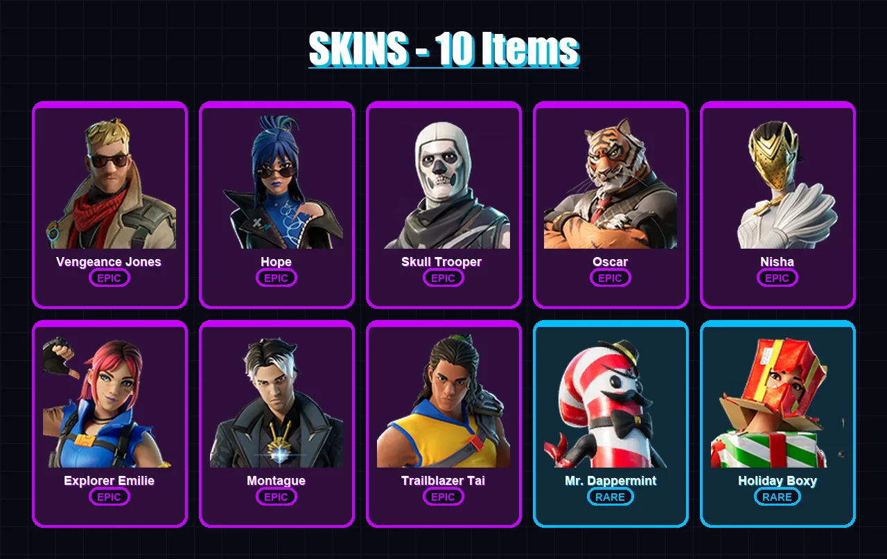 [PC/XBOX/PSN] | Vengeance Jones | Hope | Skull Trooper  | Oscar | Nisha | 10 skin | 9 pickaxe | 3 emote | 8 glider | Lv86 — Fortnite account