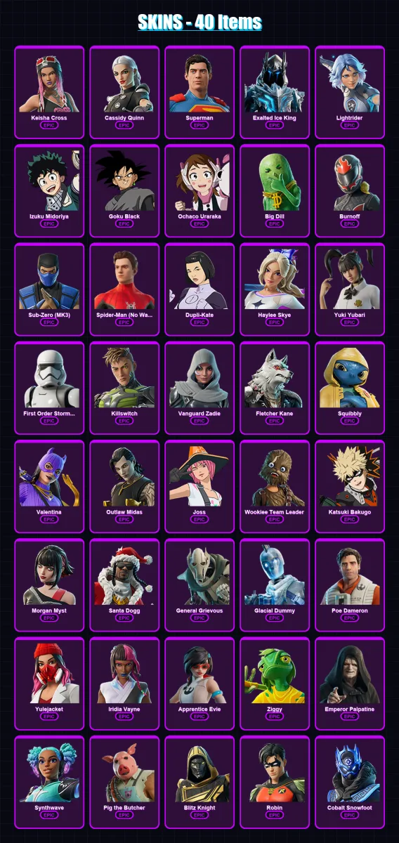 [PS4/PS5/XBOX/PC] | Keisha Cross | Cassidy Quinn | Superman | Exalted Ice King | Lightrider | 40 skin | 82 pickaxe | 48 emote | 55 glider | Lv1099