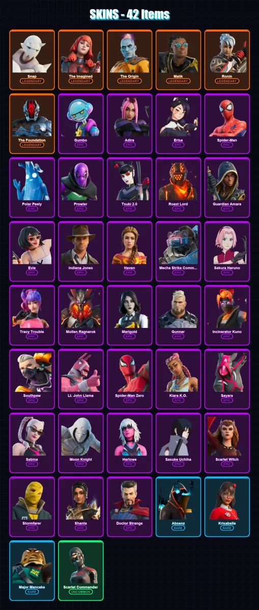 [PC/XBOX/PSN] | Snap | The Imagined | The Origin | Malik | Ronin | 42 skin | 40 pickaxe | 35 emote | 32 glider | Lv508