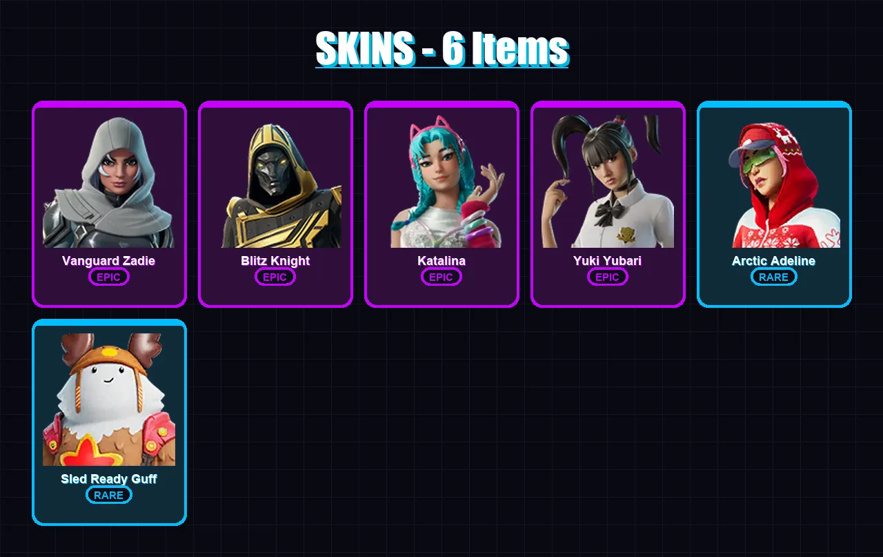 [PC/XBOX] | Vanguard Zadie | Blitz Knight | Katalina | Yuki Yubari | Arctic Adeline | 6 skin | 23 pickaxe | 9 emote | 19 glider | Lv179