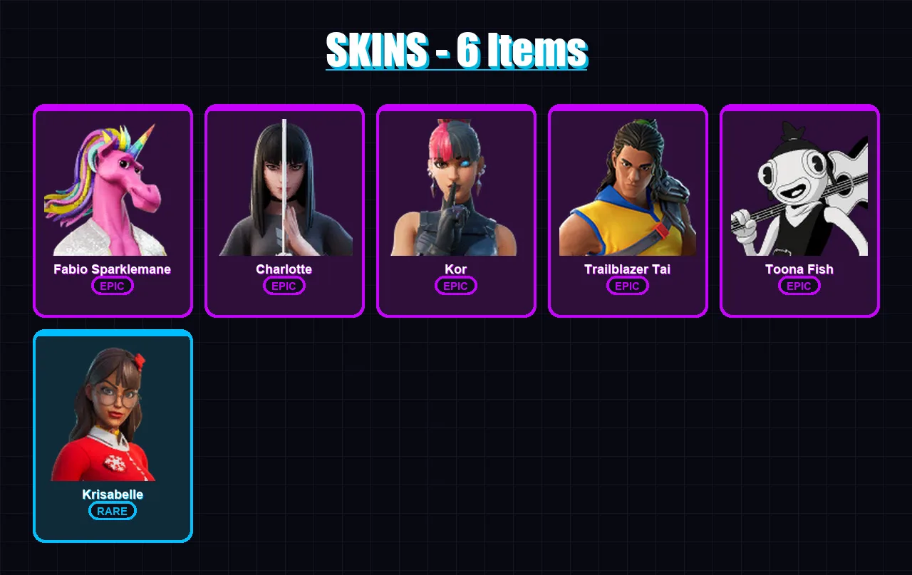 [PC/PSN] | Fabio Sparklemane | Charlotte | Kor | Trailblazer Tai | Toona Fish | 6 skin | 16 pickaxe | 11 emote | 14 glider | Lv205