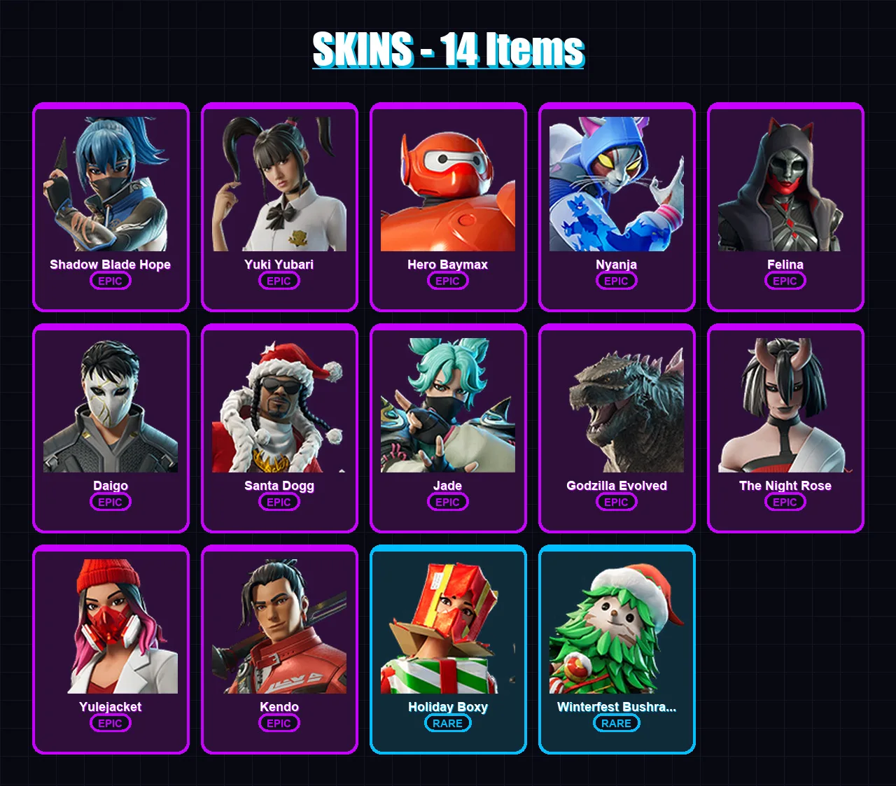 [PC/XBOX/PSN] | Shadow Blade Hope | Yuki Yubari | Hero Baymax | Nyanja | Felina | 14 skin | 35 pickaxe | 17 emote | 25 glider | Lv297