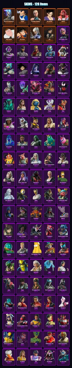 [PC/PSN] | Renzo the Destroyer | Vegeta | Paradigm (Reality-659) | Son Gohan | Valeria | 128 skin | 130 pickaxe | 78 emote | 79 glider | Lv790