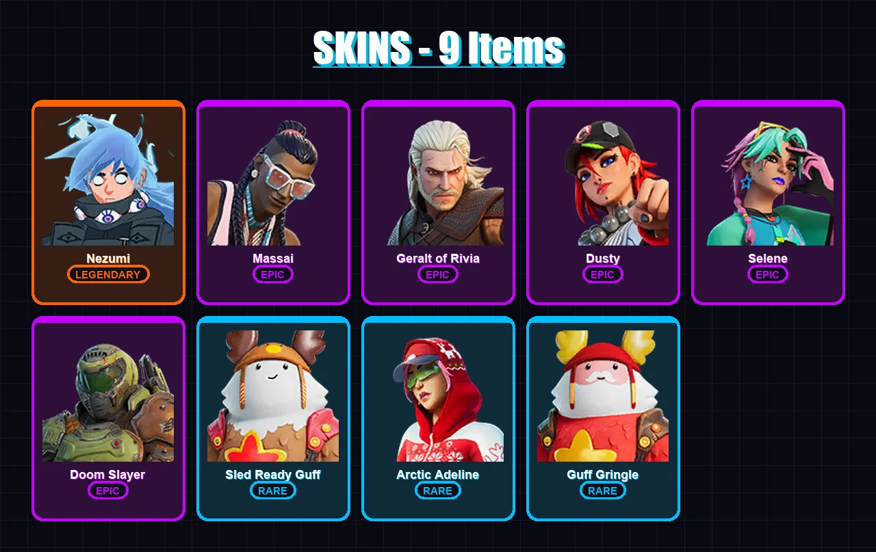 [PC/XBOX/PSN] | Nezumi | Massai | Geralt of Rivia | Dusty | Selene | 9 skin | 9 pickaxe | 9 emote | 11 glider | Lv70
