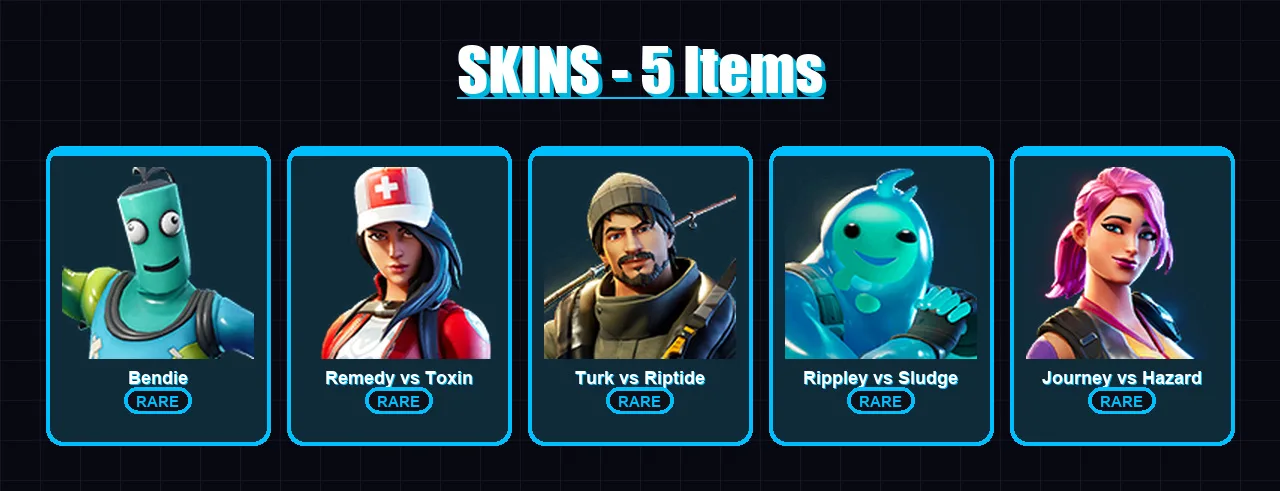[PC/XBOX/PSN] | Bendie | Remedy vs Toxin | Turk vs Riptide | Rippley vs Sludge | Journey vs Hazard | 5 skin | 6 pickaxe | 10 emote | 7 glider | Lv53
