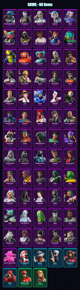 [PC/XBOX/PSN] | Shadow Blade Hope | War Machine | Emma Frost | Lightrider | Dasha | 68 skin | 114 pickaxe | 82 emote | 86 glider | Lv2084
