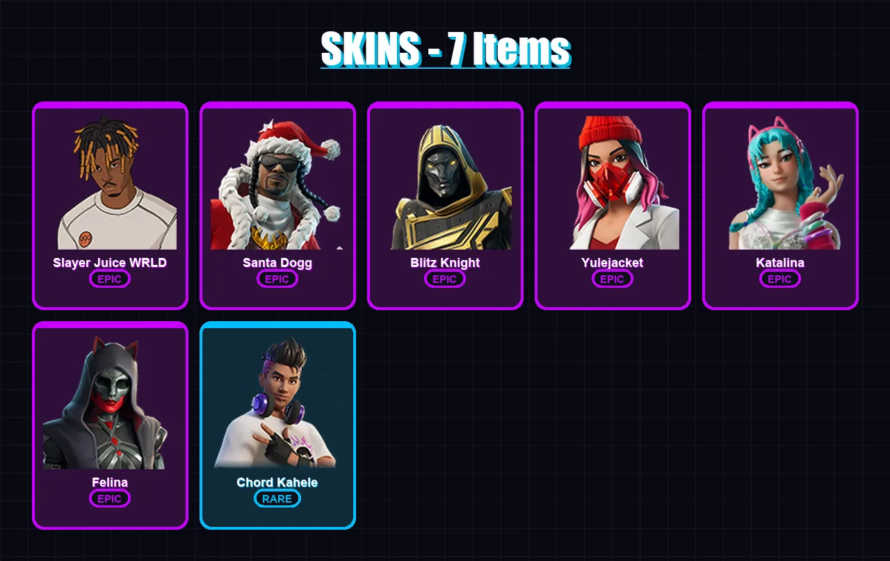 [PS4/PS5/XBOX/PC] | Slayer Juice WRLD | Santa Dogg | Blitz Knight | Yulejacket | Katalina | 7 skin | 49 pickaxe | 17 emote | 30 glider | Lv444