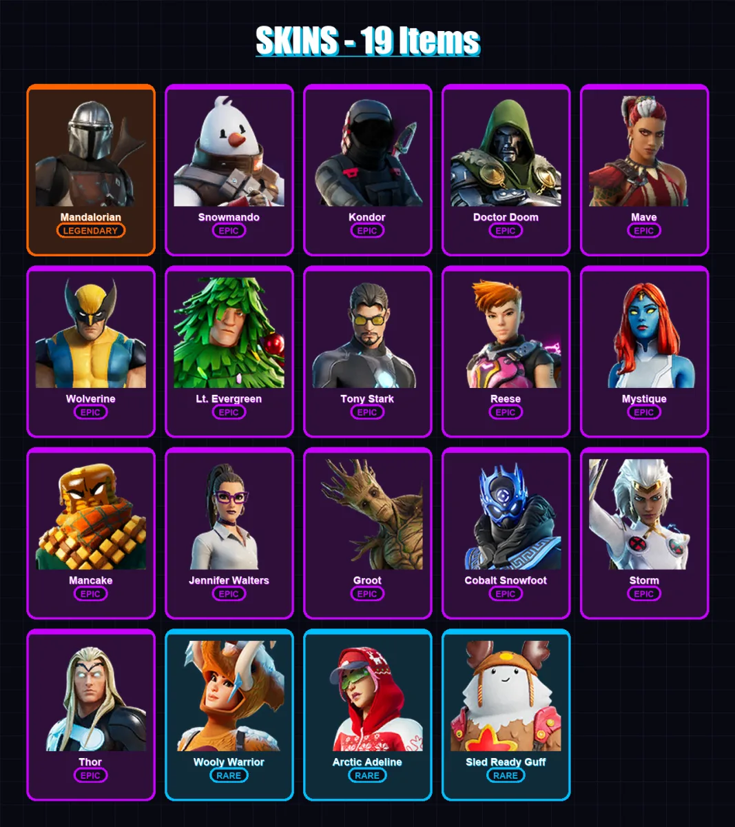 [PS4/PS5/XBOX/PC] | Mandalorian | Snowmando | Kondor | Doctor Doom | Mave | 19 skin | 26 pickaxe | 11 emote | 25 glider | Lv301