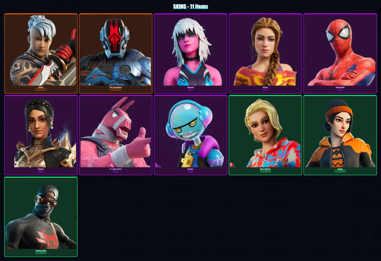 [SWITCH/XBOX/PSN/PC] | Ronin | The Foundation | Harlowe | Haven | Spider-Man | 11 skin | 23 pickaxe | 30 emote | 26 glider | Lv387