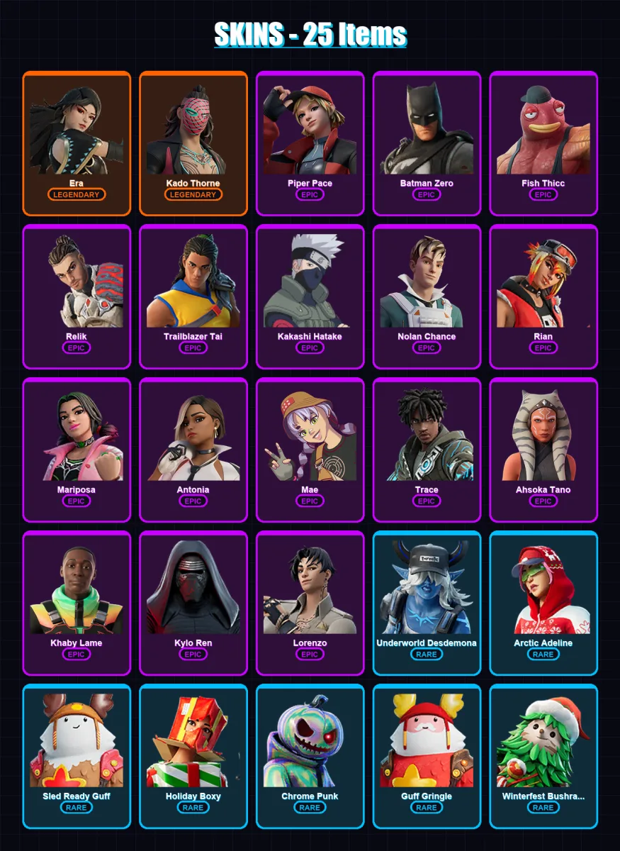 [PC/PSN] | Era | Kado Thorne | Piper Pace | Batman Zero | Fish Thicc | 25 skin | 31 pickaxe | 21 emote | 36 glider | Lv604 — Fortnite account
