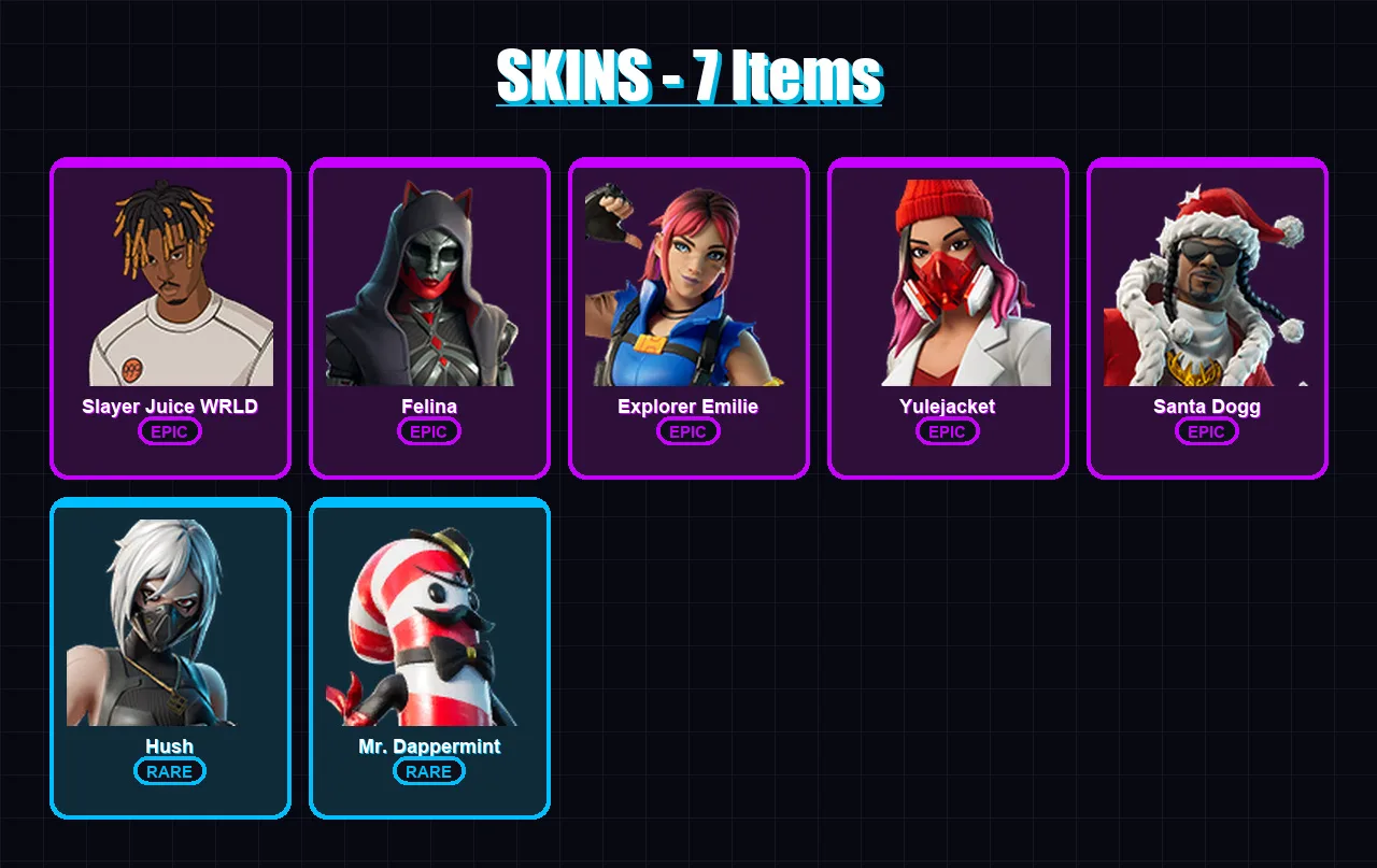 [PC/XBOX/PSN] | Slayer Juice WRLD | Felina | Explorer Emilie | Yulejacket | Santa Dogg | 7 skin | 41 pickaxe | 14 emote | 26 glider | Lv342