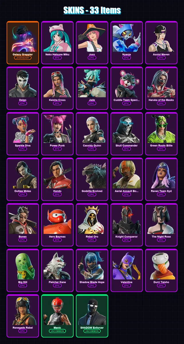 [PC/XBOX/PSN] | Galaxy Grappler | Neko Hatsune Miku | Joss | Nyanja | Assist Maven | 33 skin | 31 pickaxe | 28 emote | 24 glider | Lv345