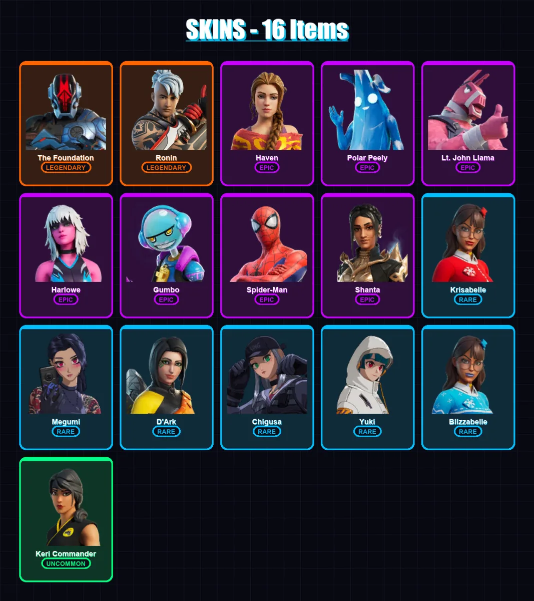 [PC/XBOX/PSN] | The Foundation | Ronin | Haven | Polar Peely | Lt. John Llama | 16 skin | 20 pickaxe | 16 emote | 14 glider | Lv222