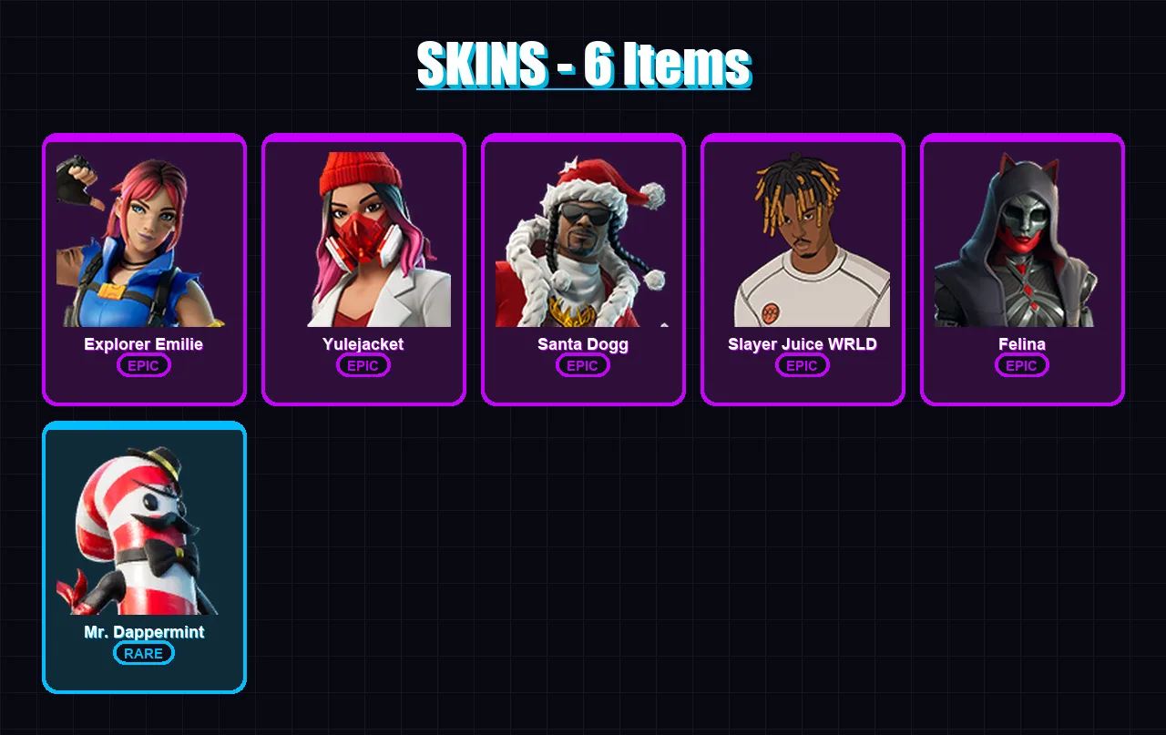 [PC/XBOX/PSN] | Explorer Emilie | Yulejacket | Santa Dogg | Slayer Juice WRLD | Felina | 6 skin | 24 pickaxe | 12 emote | 16 glider | Lv258