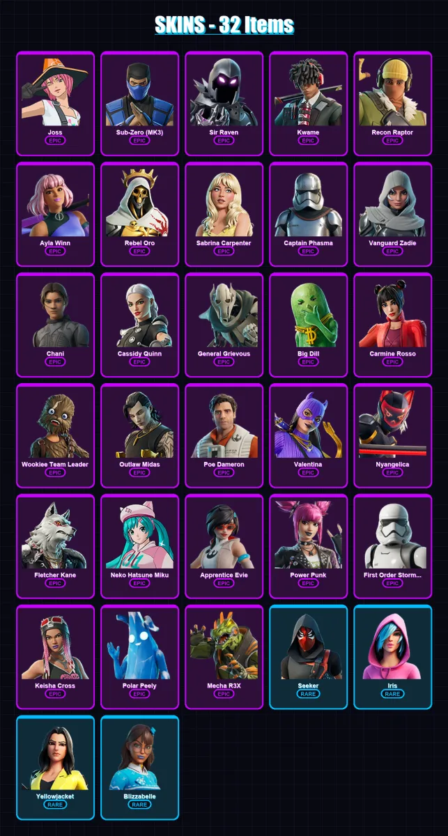 [PC/XBOX/PSN] | Joss | Sub-Zero (MK3) | Sir Raven | Kwame | Recon Raptor | 32 skin | 64 pickaxe | 45 emote | 44 glider | Lv570