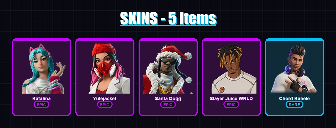 [PC/XBOX/PSN] | Katalina | Yulejacket | Santa Dogg | Slayer Juice WRLD | Chord Kahele | 5 skin | 11 pickaxe | 6 emote | 10 glider | Lv66