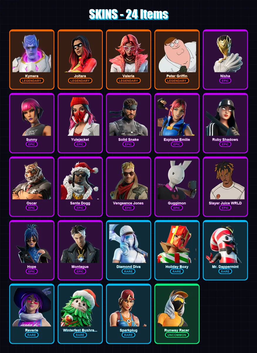[PC/PSN] | Kymera | Joltara | Valeria | Peter Griffin | Nisha | 24 skin | 65 pickaxe | 35 emote | 40 glider | Lv647