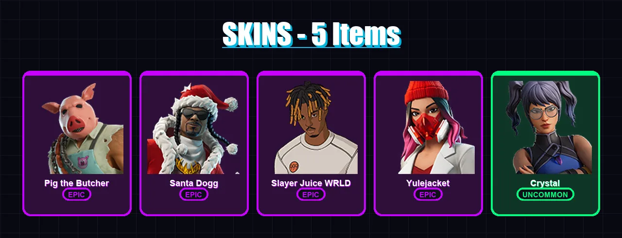 [PS4/PS5/XBOX/PC] | Pig the Butcher | Santa Dogg | Slayer Juice WRLD | Yulejacket | Crystal | 5 skin | 33 pickaxe | 16 emote | 25 glider | Lv191