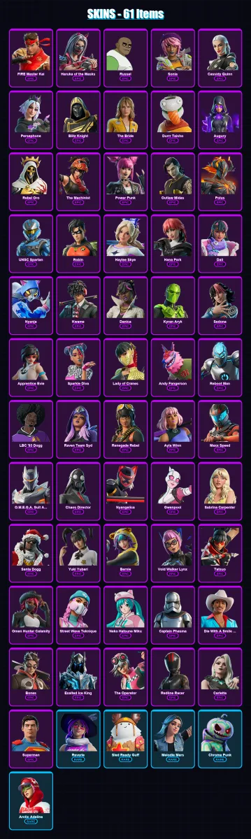 [PC] | FIRE Master Kai | Haruka of the Masks | Russel | Sonia | Cassidy Quinn | 61 skin | 53 pickaxe | 26 emote | 21 glider | Lv270