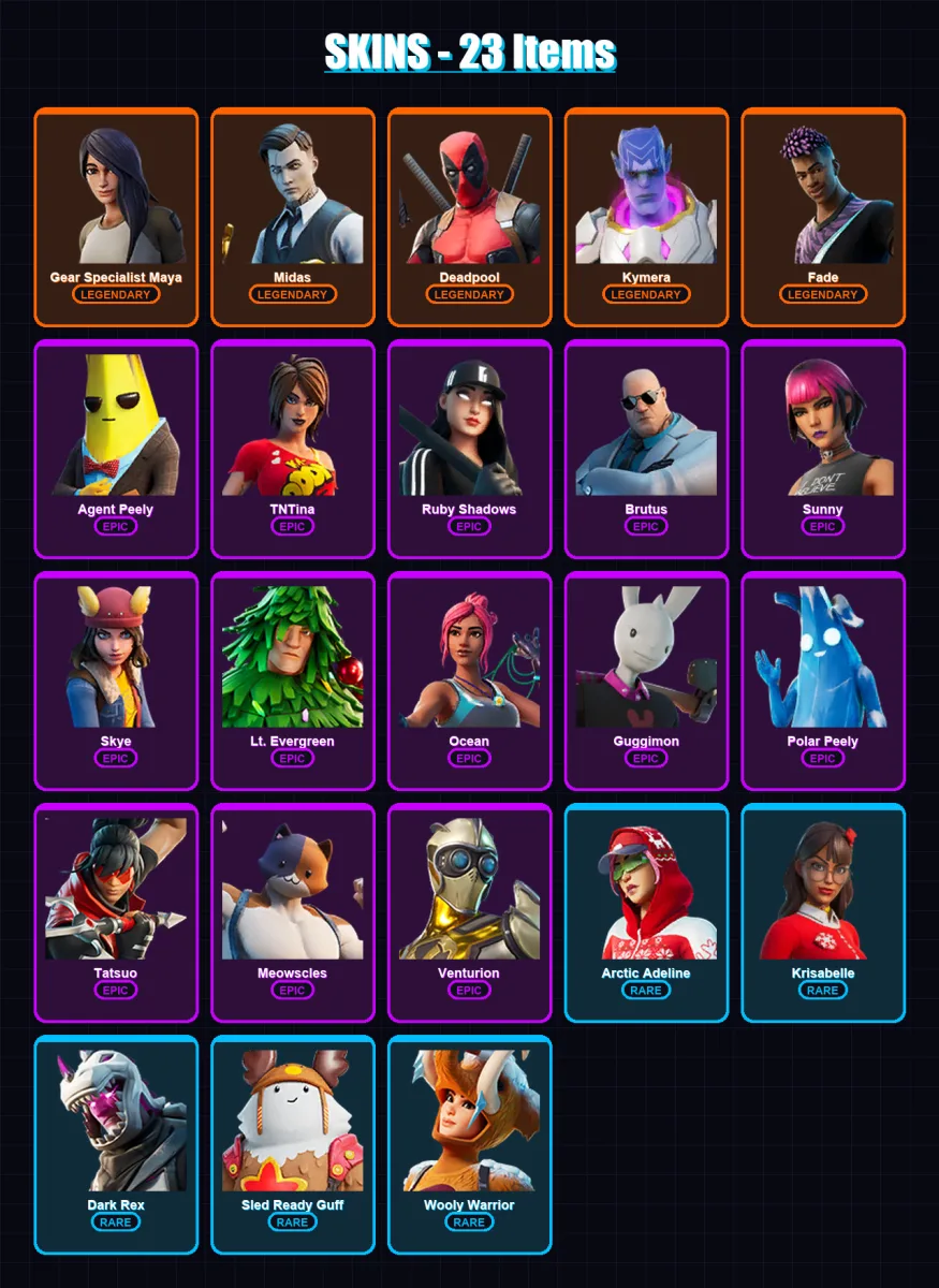 [PC/PSN] | Gear Specialist Maya | Midas | Deadpool | Kymera | Fade | 23 skin | 36 pickaxe | 35 emote | 36 glider | Lv501