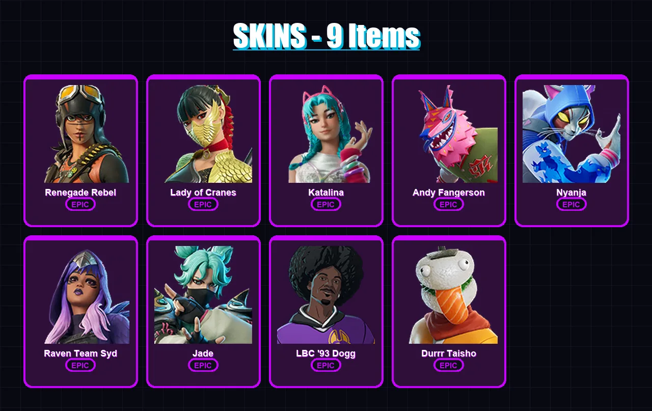 [PC/XBOX/PSN] | Renegade Rebel | Lady of Cranes | Katalina | Andy Fangerson | Nyanja | 9 skin | 14 pickaxe | 10 emote | 11 glider | Lv56