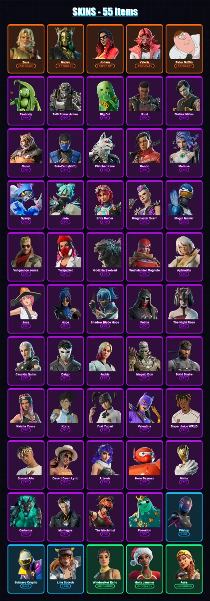 [PC/XBOX/PSN] | Zeus | Hades | Joltara | Valeria | Peter Griffin | 55 skin | 94 pickaxe | 67 emote | 63 glider | Lv1235