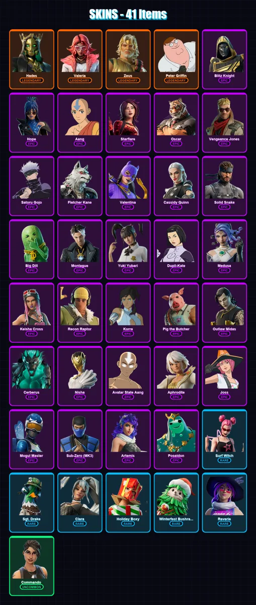 [PS4/PS5/XBOX/PC] | Hades | Valeria | Zeus | Peter Griffin | Blitz Knight | 41 skin | 77 pickaxe | 50 emote | 50 glider | Lv932