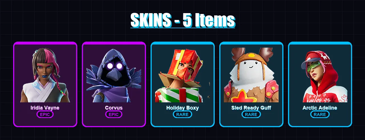 [PC/XBOX/PSN] | Iridia Vayne | Corvus | Holiday Boxy | Sled Ready Guff | Arctic Adeline | 5 skin | 16 pickaxe | 11 emote | 18 glider | Lv206