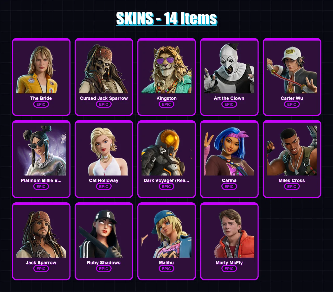 [PC/PSN] | The Bride | Cursed Jack Sparrow | Kingston | Art the Clown | Carter Wu | 14 skin | 30 pickaxe | 35 emote | 31 glider | Lv528