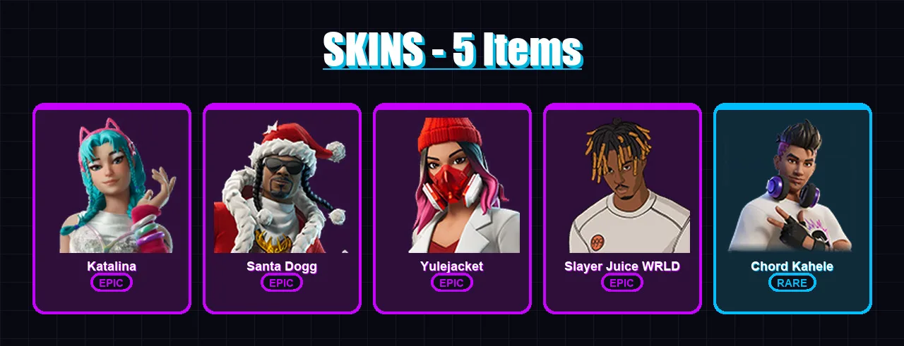 [PC/XBOX/PSN] | Katalina | Santa Dogg | Yulejacket | Slayer Juice WRLD | Chord Kahele | 5 skin | 11 pickaxe | 7 emote | 9 glider | Lv60