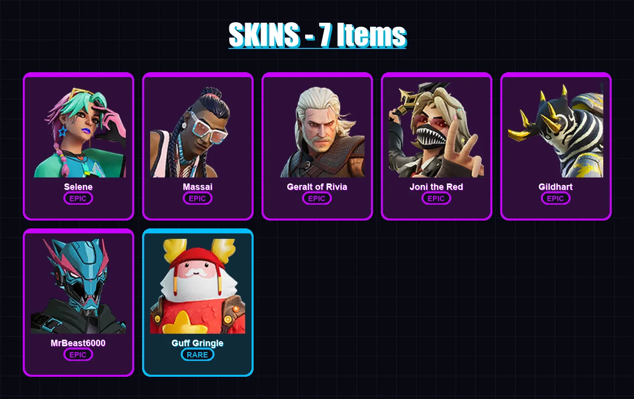[PC/XBOX/PSN] | Selene | Massai | Geralt of Rivia | Joni the Red | Gildhart | 7 skin | 9 pickaxe | 7 emote | 10 glider | Lv44