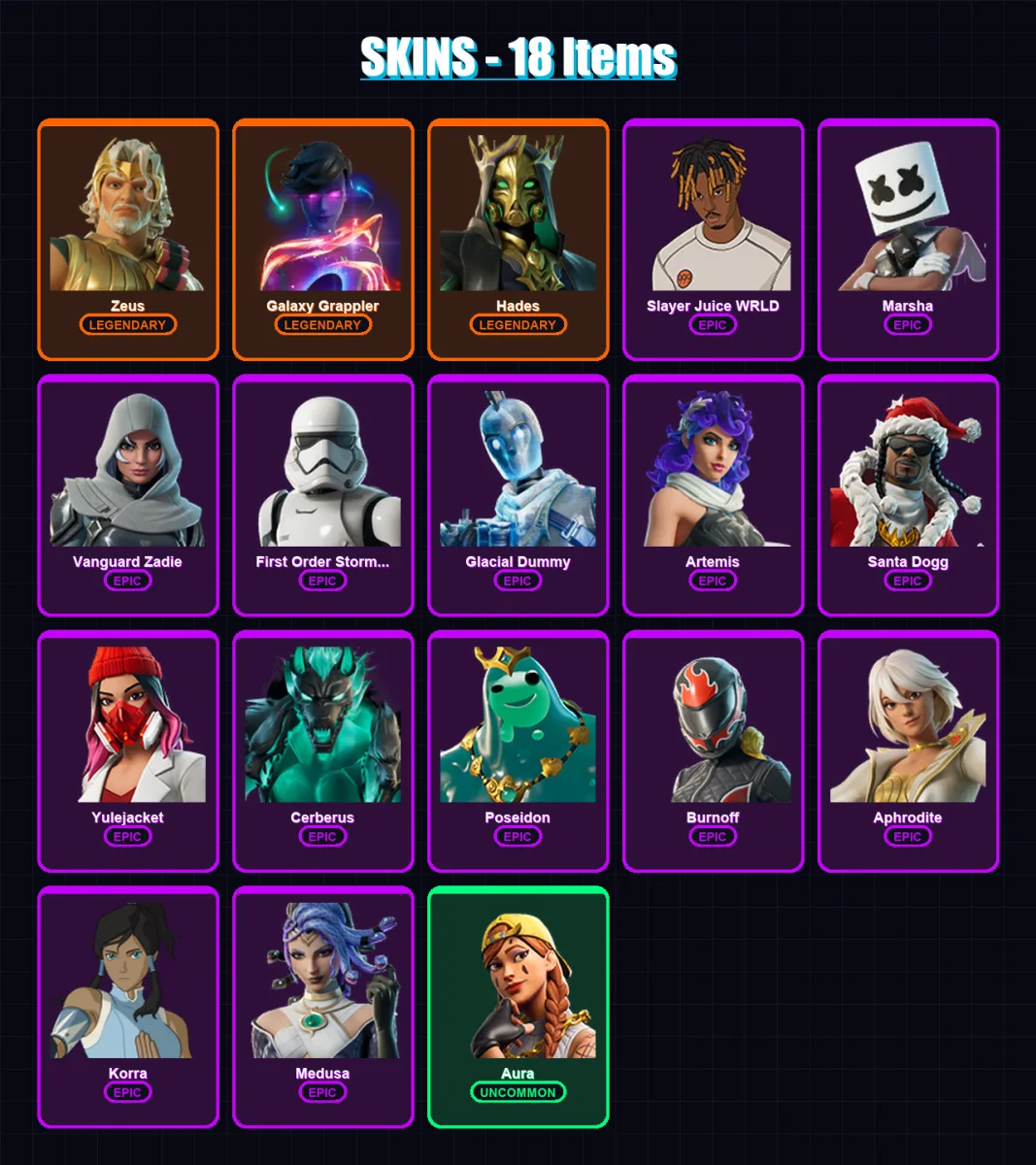 [PC/PSN] | Zeus | Galaxy Grappler | Hades | Slayer Juice WRLD | Marsha | 18 skin | 50 pickaxe | 34 emote | 36 glider | Lv553